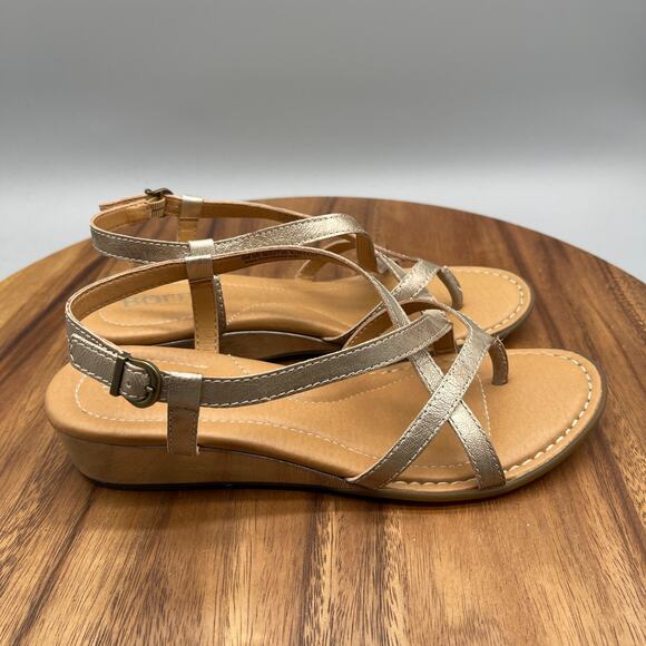 Born Sandals Womens 8 M Gold Leather Strappy Slingback Comfort Casual Wedge - Picture 1 of 8